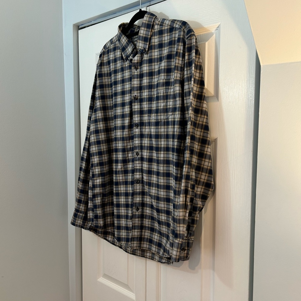 Eddie Bauer Men’s Plaid Button Down Shirt Medium Blue Tan Velcro Front